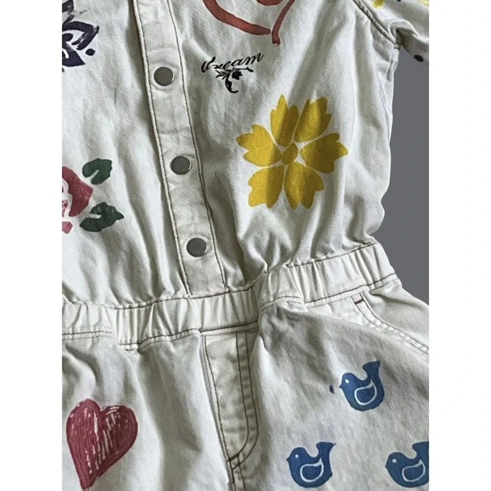 HAND PAINTED Ivory Cotton Romper Shorts Graffiti Art-To-Wear SHORTALLS Girls 8